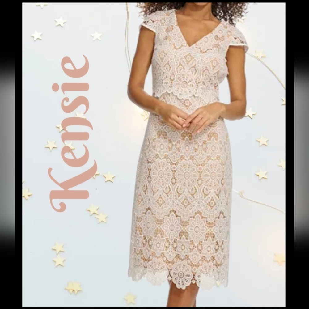 Kensie Womens Midi Dress Sz 16 White Floral Lace A-Line Cap Sleeves Lined Bridal